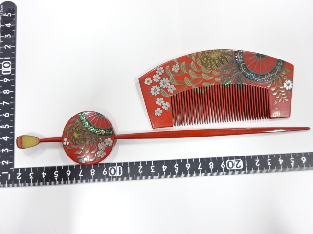  アンティーク　漆塗り蒔絵　櫛・簪セット